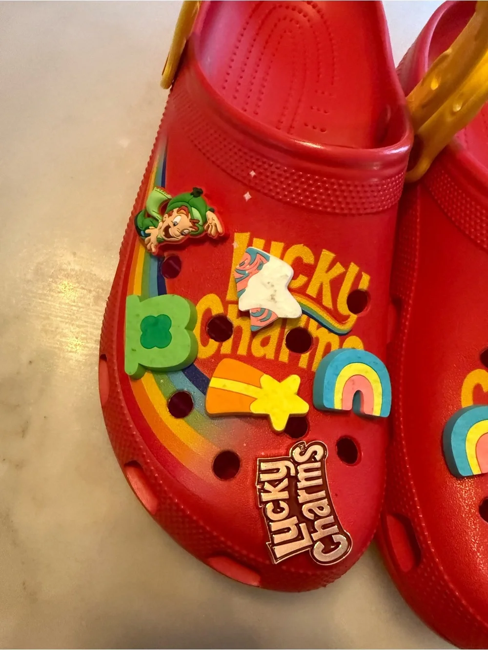 CROCS Red Clogs with Yellow Strap and Rainbow Charms